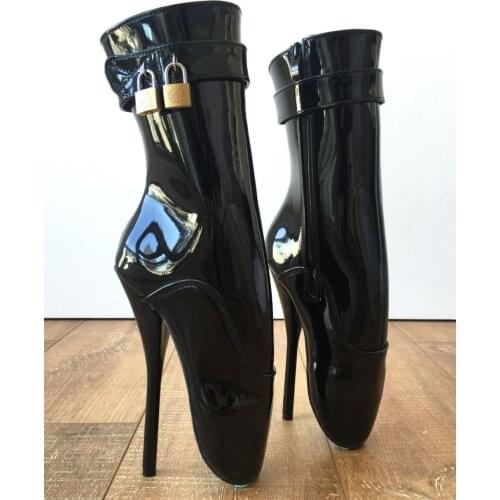 18cm Fetish Ballet Pinup Double Padlock Lockable Role Play Slave Patent Ultra High Heels Boot Costumes