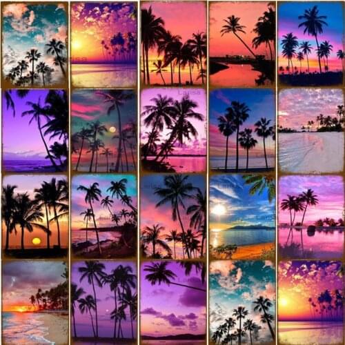 Summer Beach Coconut Sunrise Sunset Plate Tin Sign Plaque Home Living Room Door Beach Landscape Metal Painting Art Wall Stickers