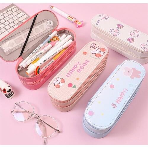 Multifunctional Double Layer Pencil Case Korean Kawaii Canvas Large Capacity Pencil Case School Stationery Pouch Bag Pen Box