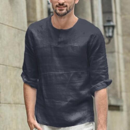 Mens cotton and linen hot sale element shirt new fashion solid color linen round neck shirt seven-sleeved top рубашка 40