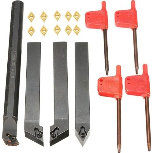 10Pcs Carbide Insert Blades + 4Pcs Lathe Turning Tool Holder Set + 4Pcs Wrench for Lathe Turning Tool Machine Tool Sets