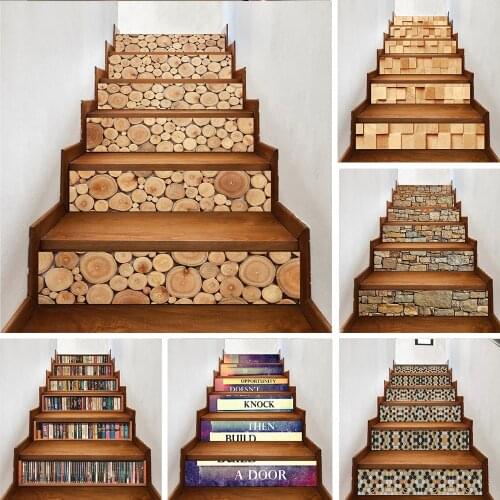 Yazi Self Adhesive 3D Wood Pattern Stairs Stickers Removable Vinyl Pvc Stairway Stickers Waterproof Mural