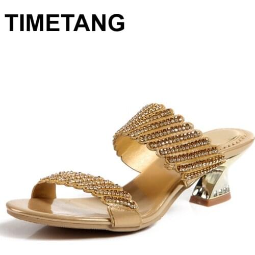 TIMETANG2019New Summer Rhinestone Crystal Slippers High Heel Sandals Women Gladiator Sandals Bridesmaid Wedding Party ShoesE1034