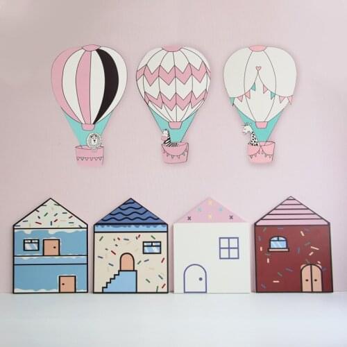 Nordic Cartoon Wood Plastic Board Ornaments Kids Room Decor Cute Hot Air Balloon House 3D Stereo Wall Decoration Child Best Gift