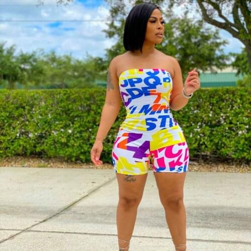 TNNAOFF Aesthetic Print Tube Top Bodycon Playsuits for Women Summer Sexy One Piece Club Lounge Wear Elastic Sports Short Rompers