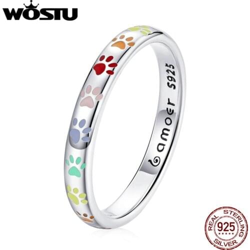 Wostu Budding Paw Ring Cute Pet Animal Finger Rings 925 Sterling Silver Colorful Rings Wedding for Women Jewelry Anel DAR179