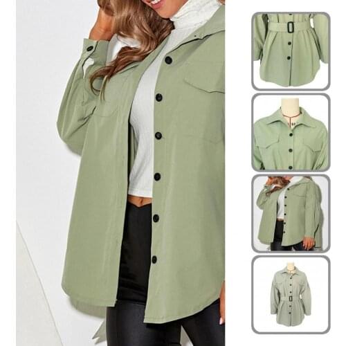 Skin-friendly Stylish Buttons Cuff Women Shirt Jacket Belt Shirt Jacket Green Streetwear