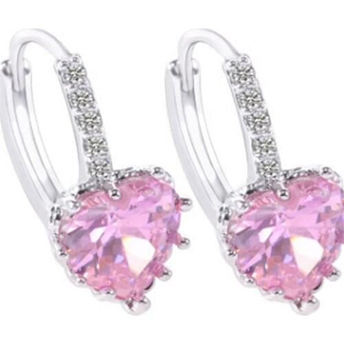 Silver Color Love Heart Stud Earrings Women Red Pink Blue Austrian Earring For Wedding Fashion Jewelry Femme Earring