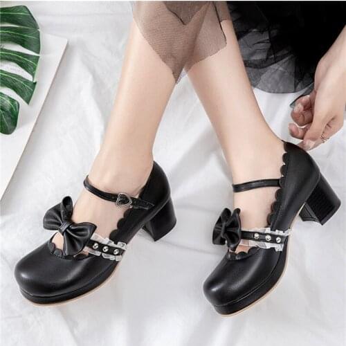 Black Mary Jane Shoes Women Lolita Kawaii Shoes Platform High Heels Designer Pumps Cute Bow Shoes 2020 Women Chunky Heels Pink
