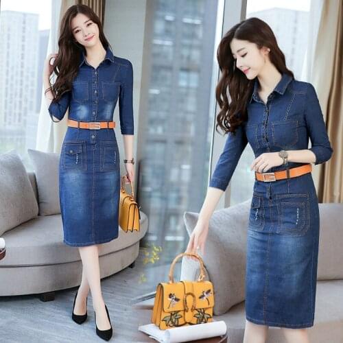 New Spring Autumn Women Dresses Plus Size Fashion Turn-Down Collar Pockets Belt Slim Solid Jeans Dress For Women Denim One-Piece