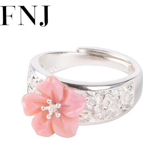 FNJ Pink Flower Shell Ring 925 Silver New Original S925 Sterling Silver Rings for Women Jewelry Adjustable size