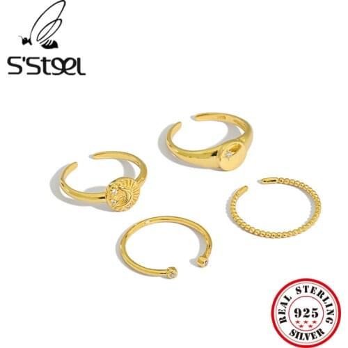 SSTEEL Zircon Ring 925 Sterling Silver For Women Korean Minimalist Gold Opening Ring Adjustable Bague Femme Argent Jewellery