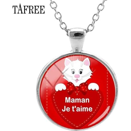 TAFREE Trendy Je T'aime Papa et Maman Red Color Heart Love Pandent Chain Necklace Cabochons Dome Jewelrys For Family NT111