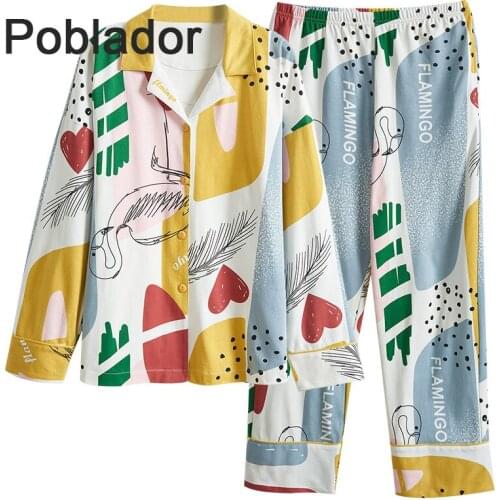 2021 Cotton Women Pajamas Long Sleeves +Trousers Flamingo Sleepwear Turn-Down Collar Big Size Loungewear Pajams for Woman 2PCS