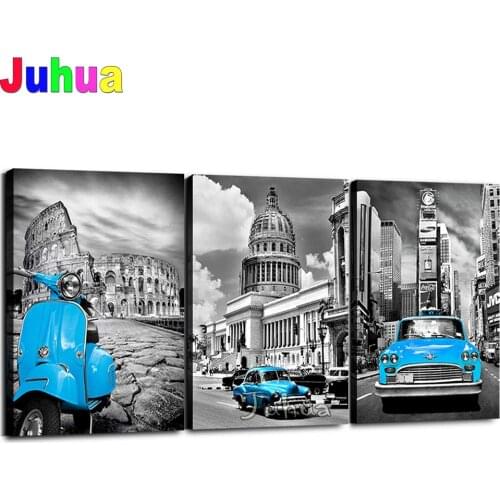 3 Pieces Black and White New York 5d diy diamond painting Blue Car Modern Europe Buildings Diamond Mosaic Simple Life Art