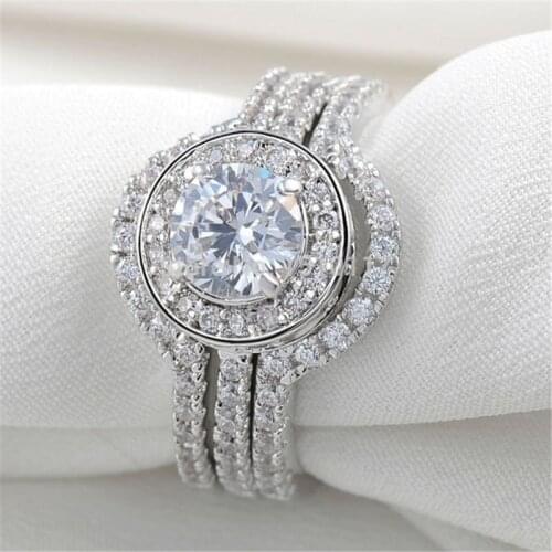 3-in-1 High Quality Exquisite Luxury Classic Women Round Ring Fashion White Crystal Zircon Ring Best Gifts for Engagement Girl