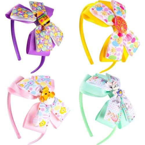 8 Pcs/Lot Cartoon 4.5'' Hair Bows Hairband for Girls Easter Day Eggs Printed Ribbon Bowknot Headband Children Hair Accessories