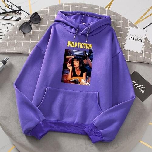American Film Pulp Fiction Print Women Hooded Street Oversize Casual Hoodies Autumn Warm Fleece Hoodie Hip Hop Soft Clothes Man