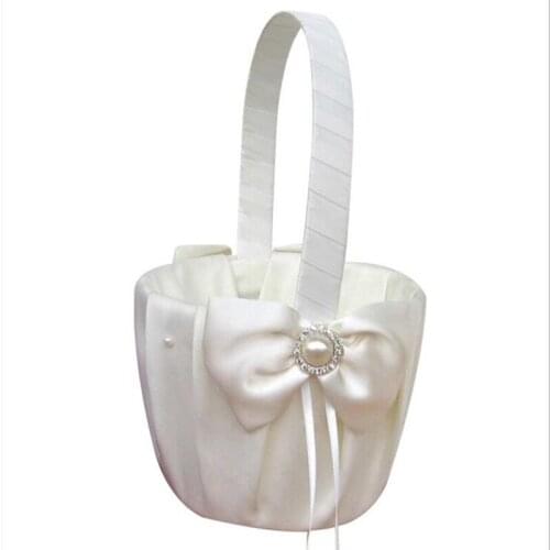 1pc 8.66''*5.19'' Elegant White Satin Ribbon Bowknot with Big Artificial Pearl decor for Wedding Party Flower Girls/Boys Basket