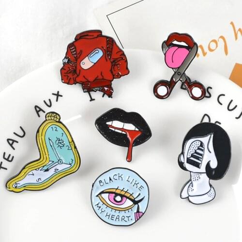Black Red Punk Rock Denim Lapel Enamel pins Lips Twisted alarm clock clothes eye Badges Brooch Cool Gift Jewelry for Men Women