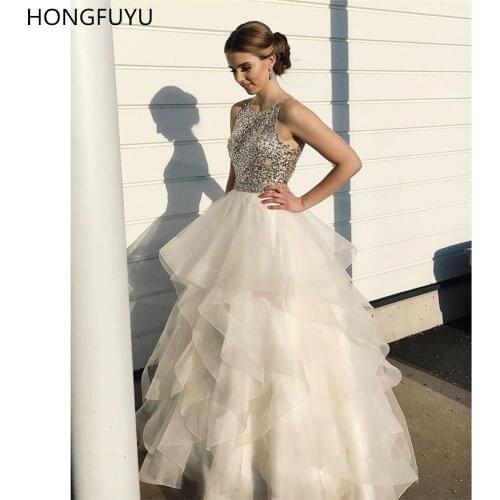 HONGFUYU A Line Tulle Prom Dresses 2021 O-neck Sleeveless Sequins Long Evening Party Gowns Girls vestidos de noche Formal Dress