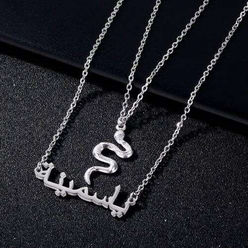 Personalized Stainless Steel Necklace Double Chain Snake Arabic Letter Pendant Retro Minimalist for Women Custom Statement Gift