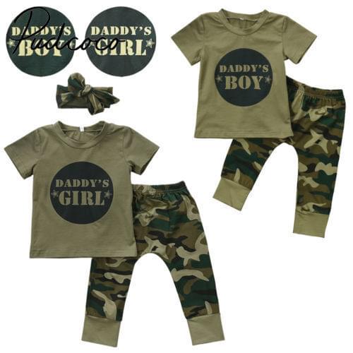 2pcs Newborn Baby Boy Girls Camo T-shirt Letters Tops Long Pants Outfits Set Kids Clothes 0-24 Months