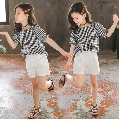 Girls Plaid T Shirt+White shorts 2pcs kids girls clothes Suit Children Summer Teens Girls Outfits Clothing Set Kids Clothes 8 10