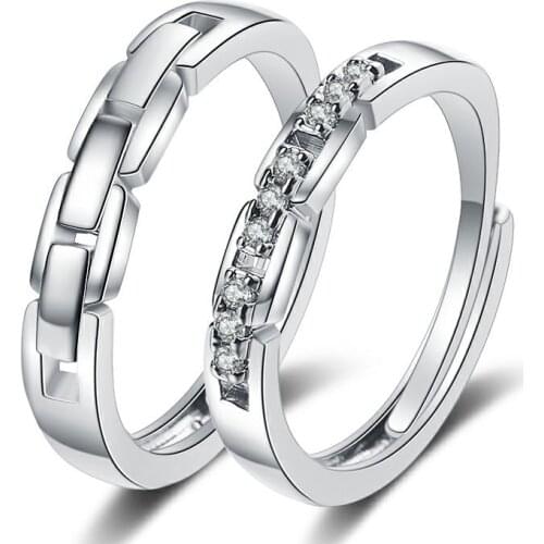 2Pcs New Fashion Chain Lovers' Rings For Men Women Simple Shiny Crystal Open Ring Couple Rings Jewelry Valentines Day Present
