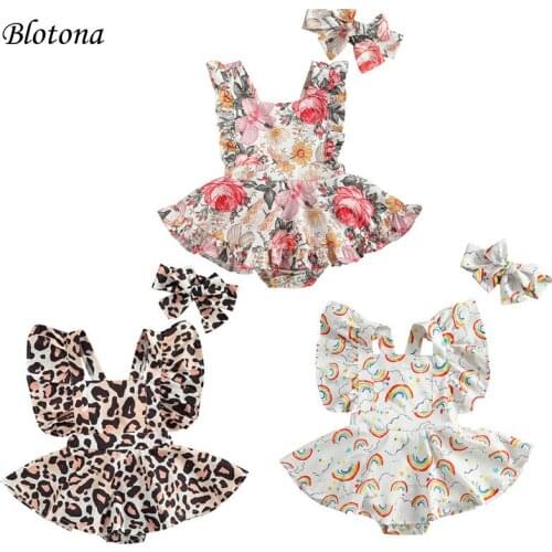 Blotona Baby Girls 2Pcs Clothes Set, Printed Pattern Sleeveless Square Collar Romper +Headdress Summer Casual Clothes 0-24Months