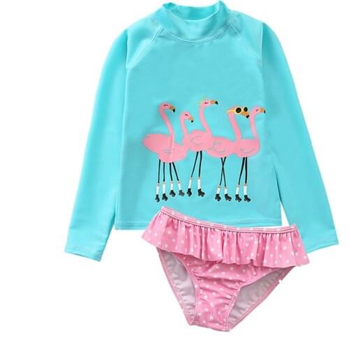 Girls' 2-Piece Sun Protection Rash Guard Set Kids Girl Beach Long Sleeve Swim Shirt and Shorts Set Flamingo Swimsuit Set