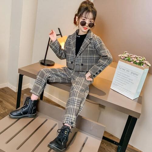 Autumn Winter Teenage Girls Clothing Set Plaid Suit for Kids Jackets Pants School Thick Tracksuit Children Costume 8 10 12 Years