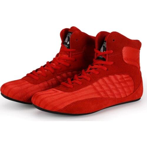 Professional leather Men wrestling shoes Gym Shoes Weight Lifting High Top Boots gear Bodybuilding MMA Boxing equipment RED BLK