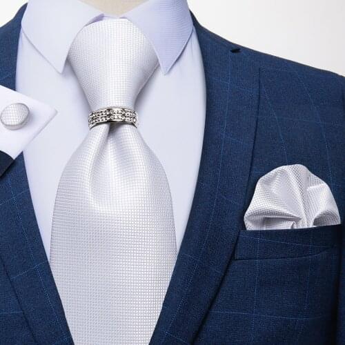 Mens 8cm Fashion White Solid Silk Ties Formal Wedding Party Necktie Handkerchief Tie Ring Set Fashion Shirt Accessories DiBanGu