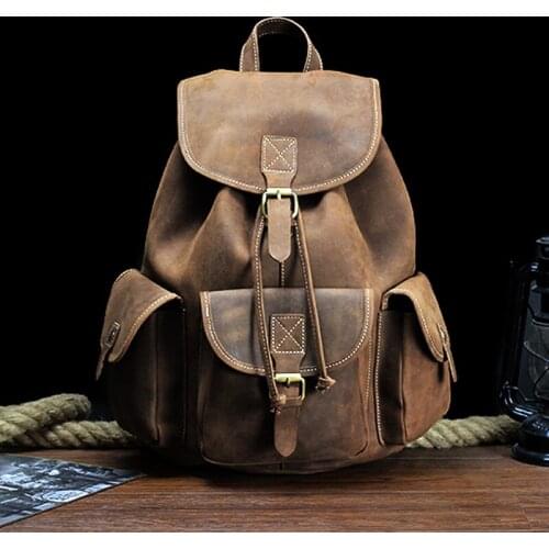 Retro Drawstring Backpack Crazy Horse Leather Backpack Men Hiking Daypack Handmade Bag