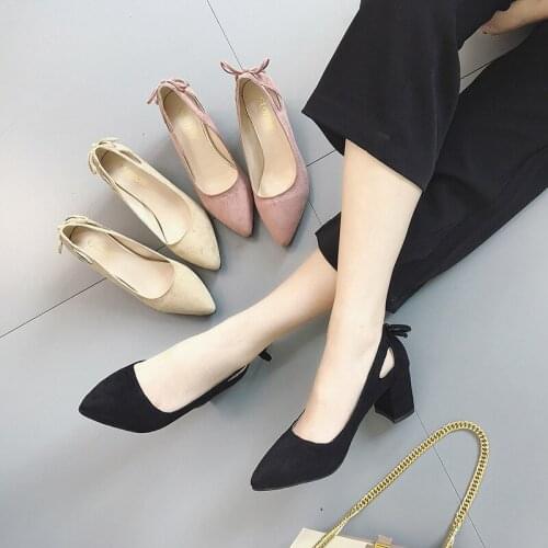2020 New Women Shoes Woman Pumps Spring Autumn Pointed Toe Solid Flock Thick High Heels Bow Knot Office Causal Shoes Plus Size