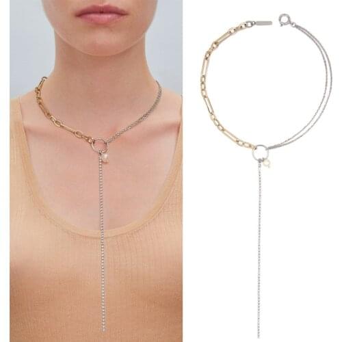 New gold and silver color asymmetric crystal chain long tassel short necklace female Choker clavicle chain