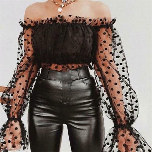 New Women Casual Polka Dots Print Mesh Patchwork Puff Sleeve T-Shirts Fairy Lady Off Shoulder Sexy Tops Ruched T Shirt