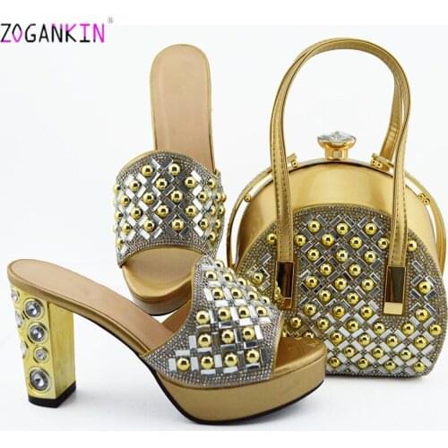 Gold Color New Fashion African Style Slippers And Bag Set Summer Woman High Heels 10 CM Shoes And Bag Set For Evening Party
