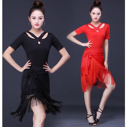 Cross-neck new latin dance practice clothes female modern dance fringed skirt adult short-sleeved performance practice clothes