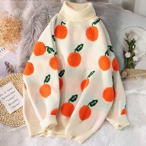Autumn Winter Sweaters Pullover Cherry Pattern Long Sleeve Sweater Women Turtleneck Knitted Jumpers Sweater Mujer Kawaii Clothes