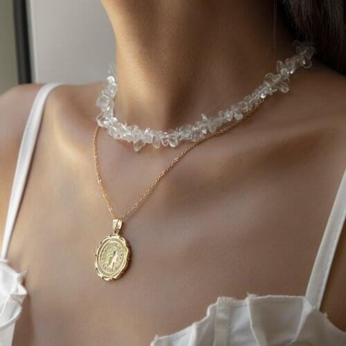 Simple Geometric Transparent Beaded Necklace for Women Trendy Portrait Coin Pendant Necklaces Hot Jewelry Collar Bijoux