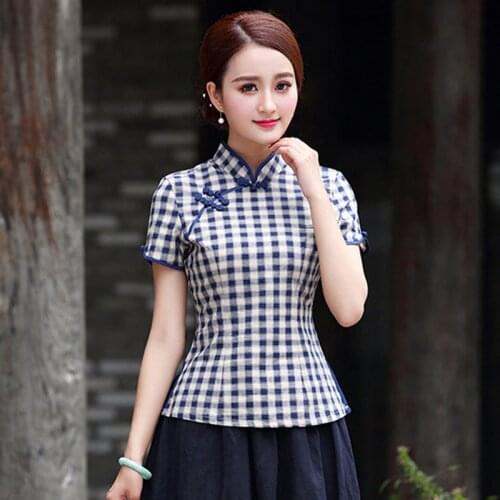 Sheng Coco Navy Blue Lattice Qipao Tops Daily Cheongsam Tops Shirts Fashion Short Sleeve Lattice Qipao Tops Campus Chinese Style