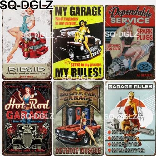 [SQ-DGLZ] New MUSCLE CAR GARAGE Tin Sign Wall Decor Garage Rules Metal Crafts Garage Rules Painting Plaques Art Poster