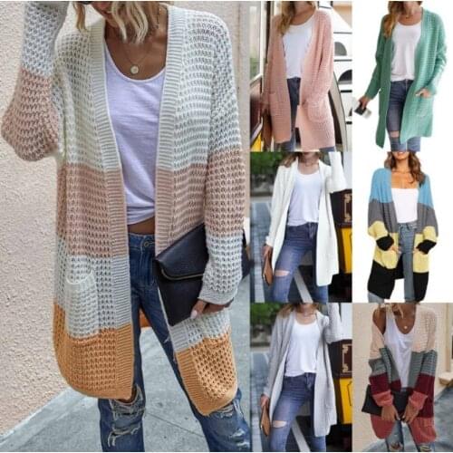 Woman sweaters 2021 new fashion Caldigan female paragraph grows autumn winters color matching hollow-out sweater MMY220190