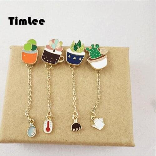 Timlee X001 Free shipping Cute Succulent Potted Aloe Vera Metal Oil Drop Brooch Pins,Fashion Jewelry Wholesale