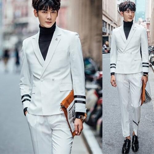 TPSAADE Mens Summer Korean Fashion Costumized Size /Color White/Ivory Mens Suit Disco Hairdresser Trendy Two Sets of Suit 100