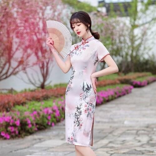 Chinese Style Traditional Cheongsam 2021 New Mid-Length Girly Retro Slim Improved Dress Daily Women Standing Collar Cheongsam