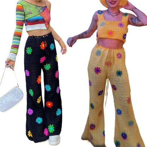 Y2K Young Girls' Knitted Flare Pants Street Style Fashion Drawstring High Waist Floral Bell Bottom Pants Black / Yellow S/M/L