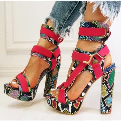 Moraima Snc Fashion Snakeskin Leather Thick Heels Woman Sandal Peep Toe Cutouts Gladiator Shoes Sexy Platform Super High Heels